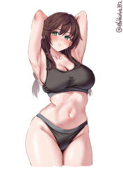  1girl armpits arms_behind_head blush braid breasts brown_hair cleavage collarbone commentary_request cowboy_shot ebifurya green_eyes highres kantai_collection large_breasts long_hair looking_at_viewer navel noshiro_(kancolle) panties sideboob solo sports_bra stomach tagme twin_braids underwear white_background 
