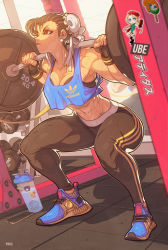 1girl abs adidas barbell blanka bottle breasts brown_hair bun_cover cammy_white capcom cellphone chun-li cleavage commentary crop_top dragon_ball dragon_ball_(classic) dumbbell edwin_huang english_commentary exercising fingerless_gloves gloves lunch_(bad)_(dragon_ball) lunch_(dragon_ball) lunch_(good)_(dragon_ball) mirror muscular muscular_female navel pants parted_lips phone shoes smartphone sneakers solo sports_bra squatting sticker stomach street_fighter street_fighter_ii_(series) sweat water_bottle weightlifting yoga_pants rating:Sensitive score:108 user:danbooru