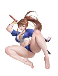  1girl absurdres adapted_costume arm_guards ass bangku_an bare_legs barefoot blue_panties blue_shirt breasts brown_eyes cameltoe cleft_of_venus closed_mouth commentary crop_top dead_or_alive english_commentary fighting_stance floating_hair hand_up highres holding holding_sword holding_weapon japanese_clothes jumping kasumi_(doa) katana large_breasts lips long_hair looking_at_viewer midriff navel panties plum puffy_short_sleeves puffy_sleeves ready_to_draw shirt short_sleeves simple_background smile soles solo stomach sword underwear weapon weapon_on_back white_background  rating:Questionable score:15 user:danbooru