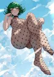  1girl aoi_sakura_(seak5545) ass bodystocking breasts chinese_commentary closed_mouth commentary_request crossed_legs curly_hair feet fishnets floating from_below green_eyes green_hair legs levitation looking_at_viewer nipples no_shoes one-punch_man psychic pussy short_hair sky small_breasts smile solo tatsumaki toenails toes uncensored  rating:Explicit score:169 user:danbooru