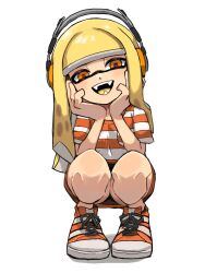  1girl absurdres blonde_hair commentary_request cross-laced_footwear hands_on_own_face headphones highres ikachan_pochan inkling inkling_girl inkling_player_character long_hair looking_at_viewer nintendo open_mouth orange_eyes orange_footwear orange_shirt shirt shoes simple_background smile solo splatoon_(series) squatting striped_clothes striped_footwear striped_shirt teeth tentacle_hair two-tone_footwear two-tone_shirt white_background white_footwear white_shirt 
