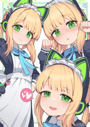  1girl :d :o alternate_costume animal_ear_headphones animal_ears apron black_dress blonde_hair blue_archive blue_necktie blunt_bangs blush border bow cat_ear_headphones collared_dress commentary dress enmaided fake_animal_ears flying_sweatdrops frilled_apron frills green_border green_bow green_eyes hair_bow headphones heart long_sleeves looking_at_viewer low_twintails maid maid_headdress medium_hair midori_(blue_archive) multiple_view necktie open_mouth outside_border saebashi short_twintails sidelocks simple_background sleeves_past_wrists smile spoken_heart symbol-only_commentary twintails white_apron white_background 