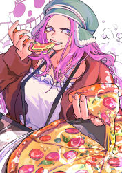  1girl absurdres brown_jacket commentary crop_top eating english_commentary food food_on_face fur_jacket hat highres holding holding_food jacket jewelry_bonney jolly_roger long_hair looking_to_the_side mygiorni one_piece pink_hair pizza pizza_slice purple_eyes shirt simple_background smile smoke solo suspenders twitter_username white_shirt 