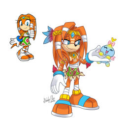  1boy 1other artist_request bandages blue_eyes body_markings brown_fur chao_(sonic) closed_eyes feather_hair_ornament feathers full_body genderswap genderswap_(ftm) gloves gold hair_ornament open_mouth shoes smile sonic_(series) tikal_the_echidna white_background 