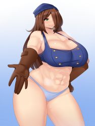  1girl abs aki-san_94 bare_shoulders blush breasts brown_hair cleavage curvy green_eyes hat highres huge_breasts long_hair navel original smile solo standing sweat thick_thighs thighs wide_hips 