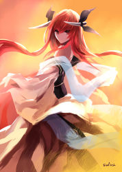 10s 1girl bad_id bad_pixiv_id bare_shoulders date_a_live fire hair_between_eyes headgear horns itsuka_kotori japanese_clothes kimono long_hair obi red_eyes red_hair sash smirk solo swd3e2 wide_sleeves rating:Sensitive score:6 user:jayage5ds