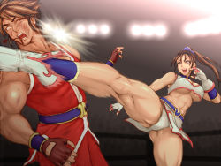  1boy 1girl abs ankle_boots arena bare_legs bare_shoulders battle belt blood boots breasts brown_eyes brown_hair cleavage_cutout clothing_cutout crop_top duel fingerless_gloves flying_dragon gloves high_kick high_ponytail hiryuu_no_ken injury kicking large_breasts legs long_hair makiya microskirt min_min muscular muscular_female navel open_mouth ponytail ryuuhi_(hiryuu_no_ken) skirt sleeveless underboob v-shaped_eyebrows white_footwear white_gloves white_skirt 