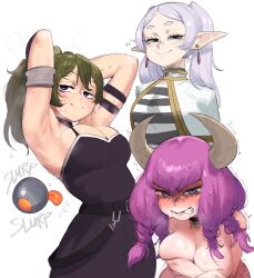  3girls angry armpits arms_behind_head aura_(sousou_no_frieren) braid breasts capelet clenched_teeth covering_breasts covering_privates demon_girl demon_horns earrings elf embarrassed frieren green_eyes green_hair highres horns jewelry krekkov large_breasts long_hair long_sleeves looking_at_viewer multiple_girls nude parted_bangs pointy_ears presenting_armpit purple_eyes seductive_smile shirt side_ponytail sketch smile smug sousou_no_frieren steam steaming_body striped_clothes striped_shirt sweat tears teeth topless twintails ubel_(sousou_no_frieren) very_sweaty white_capelet white_hair  rating:Questionable score:81 user:danbooru