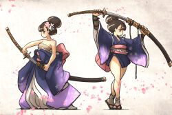  1girl brown_hair hair_bun highres ironlily japanese_clothes katana kimono multiple_views original sarashi standing sword weapon  rating:Sensitive score:15 user:Hullyen