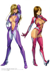  2girls absurdres arm_behind_head arm_up armpits black_panties blonde_hair blue_eyes bodysuit breasts breasts_apart brown_eyes brown_hair center_opening cleavage clenched_hand covered_erect_nipples finger_to_cheek from_side full_body gloves grin groin hair_between_eyes hand_on_own_hip head_tilt high_heels highleg highleg_leotard highres hip_focus homare_(fool&#039;s_art) lace lace-trimmed_panties lace_trim large_breasts legs_apart leotard light_smile lips lipstick long_hair looking_at_viewer makeup multiple_girls navel no_bra open_clothes original outstretched_arm panties parted_lips pink_legwear pink_leotard purple_bodysuit scan seamed_legwear shiny_skin short_hair shouza_mari side-seamed_legwear simple_background skin_tight smile sophie_mcmarvel standing thighhighs turtleneck underwear white_background  rating:Sensitive score:63 user:danbooru