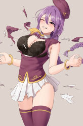  1girl absurdres amayo_thranana beret black_bra bra bracelet braid commentary hat highres jewelry long_hair melty_blood miniskirt neckerchief one_eye_closed puffy_short_sleeves puffy_sleeves purple_eyes purple_hair purple_hat purple_shirt purple_thighhighs shirt short_sleeves single_braid sion_eltnam_atlasia skirt solo thighhighs torn_clothes torn_shirt torn_skirt tsukihime underwear very_long_hair white_skirt yellow_neckerchief 