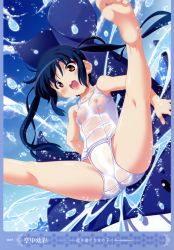 1girl :d absurdres artist_name barefoot blue_hair blush breasts brown_eyes day feet highres kuuchuu_yousai loli nipples one-piece_swimsuit open_mouth original scan school_swimsuit see-through small_breasts smile soles solo splashing spread_legs swimsuit toes translation_request twintails water whale white_one-piece_swimsuit white_school_swimsuit rating:Questionable score:51 user:danbooru