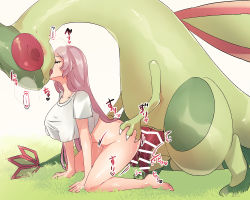 1girl all_fours ass_grab bar_censor bestiality blush bottomless censored claws creatures_(company) extra_penises closed_eyes flygon french_kiss game_freak gen_3_pokemon grass highres jinnai10 kiss long_hair nintendo pokemon pokemon_(creature) pokephilia shirt tail translation_request white_shirt wings rating:Explicit score:227 user:danbooru