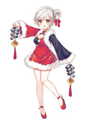  1girl :d blush breasts brown_eyes chinese_clothes cleavage double_bun dress firecrackers full_body fur_trim hair_bun hecha_(01964237) long_sleeves looking_at_viewer medium_breasts official_alternate_costume open_mouth ping_hai_(warship_girls_r) red_dress red_footwear ribbon shoes short_hair simple_background single_hair_bun smile solo standing warship_girls_r white_background white_hair wide_sleeves 