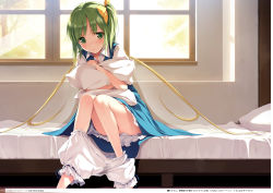 1girl absurdres bed bloomers bloomers_pull blush bottomless bow convenient_censoring daiyousei dress fairy_wings green_eyes green_hair hair_bow highres indoors ke-ta long_hair non-web_source hugging_object on_bed pillow pillow_hug side_ponytail sitting solo touhou translation_request underwear white_bloomers window wings rating:Questionable score:43 user:danbooru
