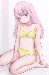  1girl barefoot bed blush bow bow_bra bow_panties bra breasts collarbone female_focus floral_print heart highres loli long_hair looking_at_viewer navel panties pink_eyes pink_hair print_bra print_panties shooko sitting small_breasts smile solo underwear yellow_bow yellow_bra yellow_panties  rating:Questionable score:25 user:cpee