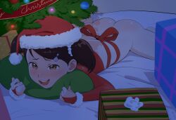  1girl :d ass becky_blackbell black_hair blanket blush bottomless box brown_eyes christmas christmas_tree female_focus gift gift_box hair_ornament hat highres lace loli looking_at_viewer lying okymir on_stomach open_mouth pillow ribbon santa_costume santa_hat smile solo spy_x_family twintails  rating:Explicit score:942 user:VHSephi