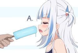  1girl a_(phrase) blue_hair blush closed_eyes collarbone food gawr_gura highres hololive hololive_english ice_cream long_hair multicolored_hair open_mouth popsicle shark_girl simple_background streaked_hair tenroy two-tone_hair two_side_up virtual_youtuber white_background white_hair 