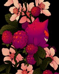  berry black_background blackberry_(fruit) creatures_(company) flower food from_behind fruit game_freak gen_1_pokemon gengar grin leaf looking_back minimized nintendo no_humans on_food plant pokemon pokemon_(creature) red_eyes red_light rii_abrego signature sitting smile white_flower 