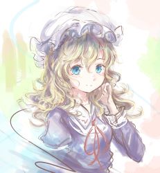  blonde_hair blue_eyes blush bow breasts closed_mouth cyclo_stars123 dress hand_on_own_cheek hand_on_own_face hat highres long_hair maribel_hearn medium_breasts mob_cap purple_dress ribbon simple_background smile touhou  rating:Sensitive score:1 user:MarisaKirisame88