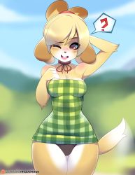  1girl ? animal_crossing animal_ears arm_behind_head arm_up black_panties blonde_hair blue_sky blush breasts choker cloud collarbone covered_navel cowboy_shot day dog_ears dog_tail dress female_focus furry furry_female green_dress hair_tie hand_up highres isabelle_(animal_crossing) looking_at_viewer medium_breasts motion_blur nintendo one_eye_closed open_mouth outdoors panties plaid plaid_dress red_choker red_eyes short_hair sky smile solo speech_bubble spoken_question_mark standing strapless strapless_dress tail tail_wagging teeth topknot tsampikos underwear wardrobe_malfunction wide_hips wink  rating:Questionable score:54 user:AngryZapdos