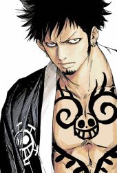  1boy black_hair chief_(chiefvinsmoke) facial_hair frown goatee highres japanese_clothes kimono long_sideburns looking_at_viewer male_focus official_alternate_costume one_piece pectoral_cleavage pectorals short_hair sideburns solo tattoo trafalgar_law upper_body yellow_eyes 