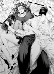  1girl 2boys abs beer_can can cellphone closed_eyes closed_mouth clothes_lift collarbone dolphin_shorts drink_can ear_piercing feet_out_of_frame food full_body gab_nigntjj449 getou_suguru gojou_satoru greyscale highres holding holding_can holding_phone ieiri_shoko jujutsu_kaisen long_hair long_sleeves messy_hair messy_room monochrome multiple_boys open_mouth pants phone piercing shirt shirt_lift short_hair short_shorts short_sleeves shorts sleeping  rating:Sensitive score:14 user:danbooru