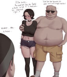 1girl 2boys age_difference bald beanie beard black_choker black_hair black_shirt blouse blush breasts breasts_squeezed_together bulge choker cutoffs denim denim_shorts doomer doomer_girl embarrassed english_text facial_hair fat fat_man grabbing grabbing_another&#039;s_breast grabbing_from_behind groping hat hetero highres large_breasts midriff multiple_boys navel netorare old old_man original shirt short_hair short_shorts shorts simple_background slippers socks standing stubble sunglasses thighhighs topless_male trembling white_background wjs07 rating:Questionable score:248 user:danbooru
