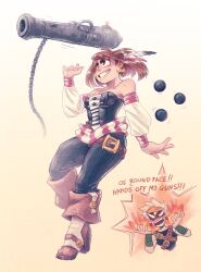  1boy 1girl alternate_costume bakugou_katsuki blonde_hair boku_no_hero_academia boots breasts brown_hair cannon cannonball earrings feathers headband highres jewelry off-shoulder off-shoulder_shirt off_shoulder pants pirate shirt syb tagme tank_top thick_thighs thighs tight_clothes tight_pants uraraka_ochako  rating:General score:6 user:VonteDrago2