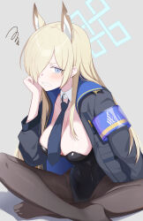  1girl absurdres alternate_costume animal_ears armband bare_shoulders black_jacket black_leotard black_pantyhose blonde_hair blue_archive blue_armband blue_eyes blue_halo blue_jacket blue_necktie blush breasts cleavage commentary_request detached_collar dog_ears dog_girl grey_background hair_over_one_eye halo head_rest highres indian_style jacket kanna_(blue_archive) large_breasts leotard long_hair long_sleeves looking_at_viewer multicolored_clothes multicolored_jacket necktie off_shoulder pantyhose playboy_bunny puffy_long_sleeves puffy_sleeves sharp_teeth simple_background sitting soles solo sonoda_345 strapless strapless_leotard teeth two-tone_jacket 