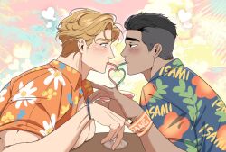  1girl 2boys absurdres alternate_hairstyle ao_isami bare_pectorals black_hair blonde_hair blue_eyes blush character_name couple crazy_straw dark-skinned_male dark_skin drinking_straw ekstmekajr eye_contact facial_hair floral_print from_side hand_on_another&#039;s_wrist hawaiian_shirt heart heart_straw highres lewis_smith looking_at_another male_focus multiple_boys open_clothes open_shirt palm_leaf pectorals profile sanpaku shirt short_hair sideburns_stubble stubble undercut upper_body yaoi yuuki_bakuhatsu_bang_bravern 