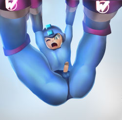  1boy absurdres armpits bar_censor blue_bodysuit blue_eyes blue_headwear blue_suit bodysuit captured censored erection facing_viewer formal gradient_background grey_background helmet helpless highres looking_at_viewer looking_through_own_legs machine mega_man_(character) mega_man_(classic) mega_man_(series) penis penis_out shota simple_background small_penis solo spread_legs suit  rating:Explicit score:8 user:andariel75