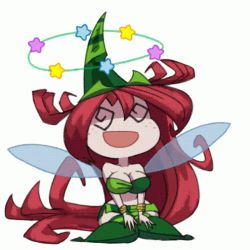  1girl @_@ animated betilla boots bracelet breasts chibi cleavage dizzy freckles hat jewelry long_hair looping_animation lowres midriff minuspal rayman rayman_origins red_hair skirt thigh_boots thighhighs wings  rating:Sensitive score:80 user:Jazy