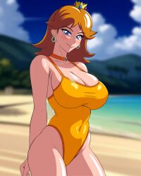  1girl beach breasts large_breasts mario_(series) nintendo ocean princess_daisy solo swimsuit yeezusdraw 