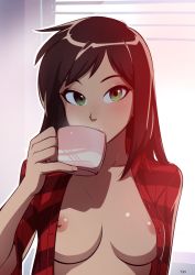  1girl breasts brown_hair coffee drinking green_eyes highres long_hair looking_at_viewer medium_breasts nipples open_clothes open_shirt optionaltypo original plaid plaid_shirt shirt solo tsurime upper_body  rating:Questionable score:133 user:danbooru