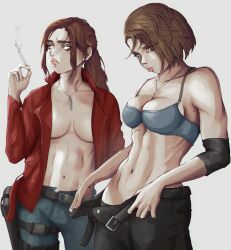  2girls bare_shoulders belt bra breasts brown_hair cigarette claire_redfield denim green_eyes highres jeans jill_valentine large_breasts lips long_hair long_sleeves medium_breasts multiple_girls open_clothes pants pon resident_evil resident_evil_2 resident_evil_2_(remake) resident_evil_3 resident_evil_3:_nemesis resident_evil_3_(remake) short_hair smoking underwear undressing white_background yoracrab 