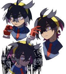  1boy black_hair blue_shirt closed_mouth collared_shirt creatures_(company) crossed_bangs game_freak gloves hair_between_eyes highres holding holding_poke_ball jacket kieran_(pokemon) long_sleeves male_focus mole mole_on_neck multicolored_hair multiple_views nintendo parted_lips partially_fingerless_gloves poke_ball poke_ball_(basic) pokemon pokemon_sv purple_hair red_gloves shaded_face shirt simple_background tears translation_request twitter_username white_background yellow_eyes yomogi_dango_(sbj_rocketlink) 