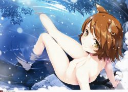  1girl animal_ears breasts brown_hair cat_ears cat_girl cat_tail cleft_of_venus earrings jewelry looking_at_viewer nipples nude onsen short_hair small_breasts smile snow tail thigh_gap thighs water yellow_eyes  rating:Questionable score:22 user:MrStar