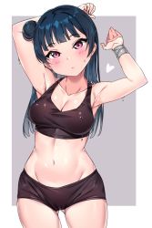 1girl arm_behind_head armpits arms_up bare_arms bare_shoulders black_shorts blue_hair blush bracer breasts cleavage closed_mouth collarbone cowboy_shot gluteal_fold grey_background groin hair_bun head_tilt heart highres legs_apart long_hair looking_at_viewer love_live! love_live!_sunshine!! medium_breasts navel pink_eyes short_shorts shorts side_bun sidelocks single_hair_bun single_side_bun solo sports_bra standing stomach sweat tem10 tsushima_yoshiko two-tone_background underwear underwear_only white_background rating:Sensitive score:92 user:danbooru