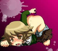 1boy anal anal_object_insertion ass crossdressing danganronpa:_trigger_happy_havoc danganronpa_(series) fujisaki_chihiro gradient_background male_focus male_penetrated object_insertion on_floor open_mouth saliva short_hair skirt skirt_down solo sweat teeth trap rating:Explicit score:31 user:SomehowScarlet