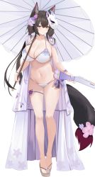 1girl absurdres animal_ear_fluff animal_ears bare_arms bare_legs bead_bracelet beads bikini blue_archive blush bracelet breasts brown_eyes brown_hair chinese_commentary cleavage collarbone commentary_request floral_print flower fox_ears fox_mask fox_tail full_body groin gun hair_flower hair_ornament highres holding holding_gun holding_weapon jewelry kuyoumi large_breasts legs long_hair looking_at_viewer mask mask_on_head multicolored_hair nail_polish navel oil-paper_umbrella parasol purple_nails sandals simple_background smile solo standing stomach streaked_hair string_bikini swimsuit tail tail_flower tail_ornament thigh_strap thighs umbrella wakamo_(blue_archive) wakamo_(swimsuit)_(blue_archive) weapon white_background white_bikini rating:Sensitive score:38 user:danbooru