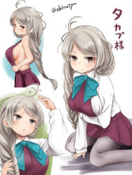  1girl ahoge akino_shuu alternate_hairstyle aqua_bow aqua_bowtie bow bowtie braid breasts brown_eyes collared_shirt commentary_request conte_di_cavour_(kancolle) cosplay dress grey_hair grey_pantyhose kantai_collection large_breasts long_hair long_sleeves multiple_views pantyhose purple_dress shirt sideboob single_braid sleeveless sleeveless_dress translation_request twitter_username white_shirt yuugumo_(kancolle) yuugumo_(kancolle)_(cosplay) 
