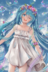  1girl ;d bad_id bad_pixiv_id blue_hair bubble collarbone dress floating_hair hair_between_eyes hatsune_miku head_tilt head_wreath highres long_hair one_eye_closed open_mouth short_dress skirt_hold sleeveless sleeveless_dress smile solo sparkle standing twintails very_long_hair vocaloid white_dress z_z 