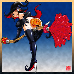  1girl anus ass bare_shoulders black_dress black_footwear blonde_hair blue_eyes blush boots border bottomless breasts broom broom_riding censored dress elbow_gloves food food_insertion from_behind full_body gloves gradient_border hair_ornament happy_sex hat high_heel_boots high_heels jack-o&#039;-lantern large_insertion looking_at_viewer looking_back machino_henmaru medium_breasts mosaic_censoring no_panties object_insertion one_eye_closed original outside_border pumpkin pussy_juice sex_toy short_hair skull_hair_ornament sleeveless sleeveless_dress smile solo standing standing_on_one_leg sweat vaginal vaginal_object_insertion wink witch witch_hat  rating:Explicit score:106 user:Sun_Fire