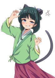  1girl anger_vein animal_ears bandaged_wrist bandages beads blue_eyes blush cat_ears cat_girl cat_tail chinese_clothes claw_pose freckles green_hair grin hair_beads hair_ornament half_updo highres kusuriya_no_hitorigoto long_sleeves looking_at_viewer maomao_(kusuriya_no_hitorigoto) nekonomiya_mikoto skirt smile solo tail uneven_eyes 