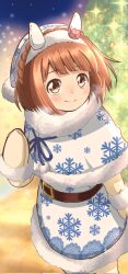  1girl animal_ears belt blurry blurry_background blush brown_hair christmas_tree closed_mouth coat commentary commentary_request ear_band emapippi hairband hat heavy_breathing highres horse_ears looking_at_viewer medium_hair mittens santa_hat sky smile solo star_(sky) star_(symbol) starry_background starry_sky umamusume winter_clothes yukino_bijin_(umamusume) 