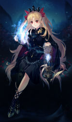  1girl absurdres asymmetrical_footwear birdcage black_cape black_dress black_footwear blonde_hair boots breasts cage cape chain commentary_request crown diffraction_spikes dress earrings ereshkigal_(fate) ereshkigal_(third_ascension)_(fate) fate/grand_order fate_(series) full_body hair_ribbon haizome_senri highres holding jewelry long_hair long_sleeves magic medium_breasts mismatched_footwear night night_sky outdoors parted_bangs parted_lips petals red_eyes red_ribbon ribbon sidelocks single_thigh_boot sitting skull sky sleeves_past_wrists smile solo star_(sky) starry_sky starry_sky_print thigh_boots thighhighs two_side_up very_long_hair  rating:Sensitive score:8 user:danbooru
