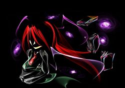  1girl book dark embodiment_of_scarlet_devil female_focus flame_painter head_wings koakuma null_(hakugenya) red_hair solo touhou wings 