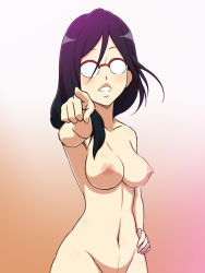  1girl blush breasts completely_nude female_focus glasses gradient_background groin hand_on_own_hip hibike!_euphonium looking_at_viewer medium_breasts navel nipples nude opaque_glasses parted_lips pointing pointing_at_viewer red-framed_eyewear rimless_eyewear simple_background solo standing tanaka_asuka upper_body yuki_(12cut)  rating:Explicit score:13 user:danbooru