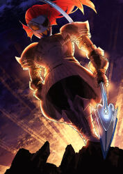  1girl armor blue_skin breastplate colored_sclera colored_skin dutch_angle eyepatch fins fish_girl gauntlets hair_pulled_back head_fins highres holding holding_polearm holding_weapon light looking_at_viewer monster_girl open_mouth orange_sclera pauldrons polearm ponytail red_hair sabaton sharp_teeth shoulder_armor solo spear teeth touro undertale undyne upper_teeth_only weapon 